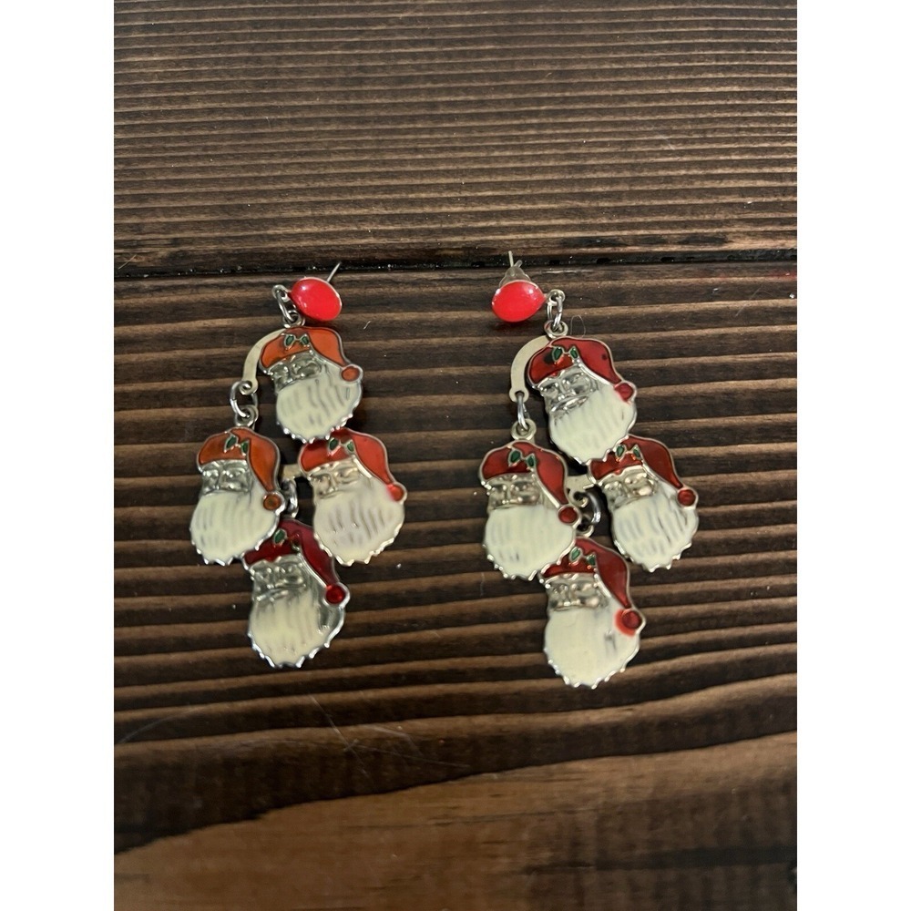 Vintage Post Dangle Earrings Four Santa Clause Enamel Faces‎ - Silver Tone Metal